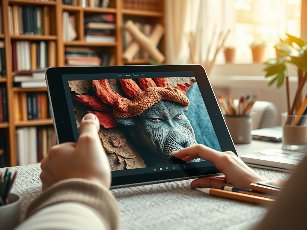 A person is editing an artistic image of a creature with foliage. A cozy workspace is visible in the background.